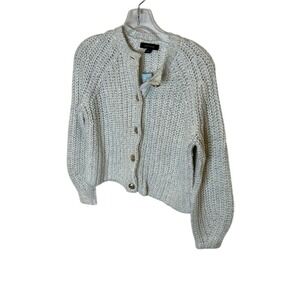Ann Taylor Womens XXS Petite Metallic Chunky Knit Cardigan Cream Gold Button Nwt
